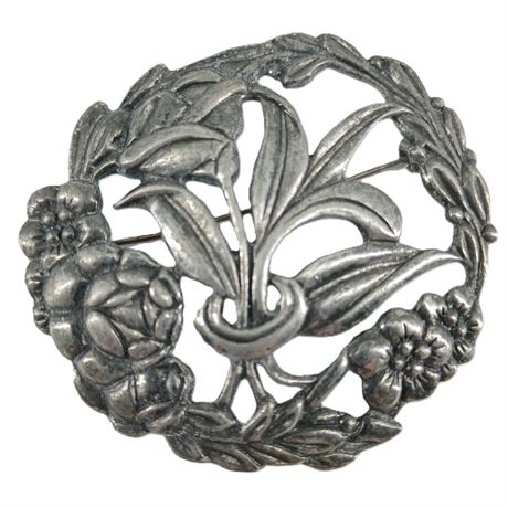 Vintage Floral Pewter Brooch with Lily & Blossom Wreath Design