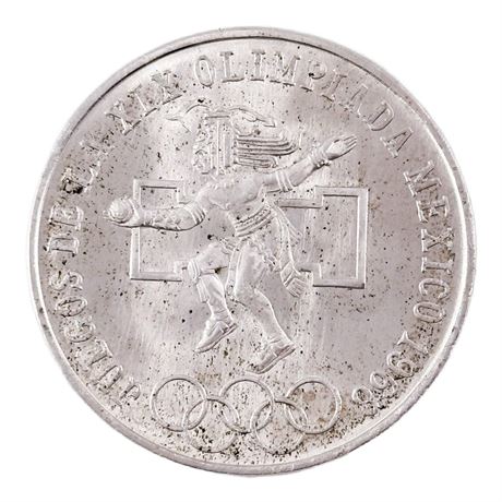 Mexican 1968 XIX Olympic Games Aztec Ball Game 25 Peso Silver Coin
