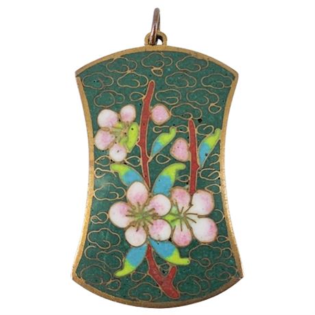 Vintage Chinese Cloisonné Floral & Pagoda 2-Sided Pendant