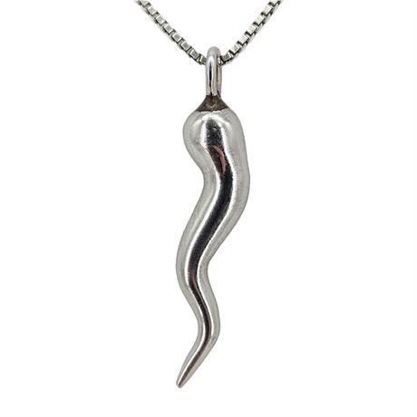 Vintage Silver Tone Italian Horn Pendant on Sterling Silver Box Chain Necklace