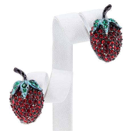 Vintage Pavé Set Rhinestone Straweberry Clip Earrings
