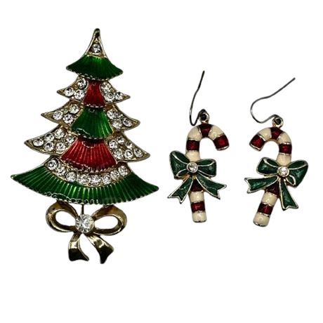 Christmas Tree Pin with Candy Cane Earrings