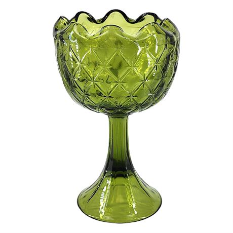 Indiana Glass 'Duette' Cupped & Crimped Compote in Olive Green