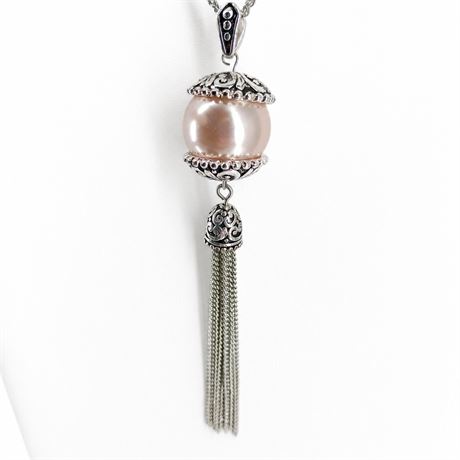 Long Silver-Tone Large Faux Pearl Tassel Pendant Necklace