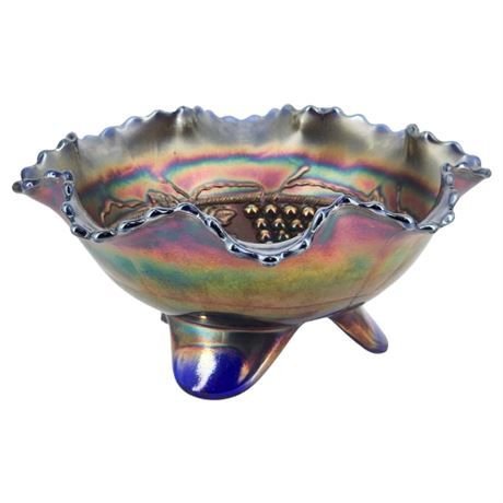 Vintage NORTHWOOD "Grape & Cable" Cobalt Carnival Glass 3-Toed Bowl