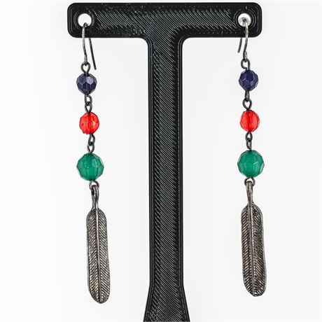 Boho Feather Dangle Earrings – Multicolor Beads, Silver-Tone Charms – Southwest