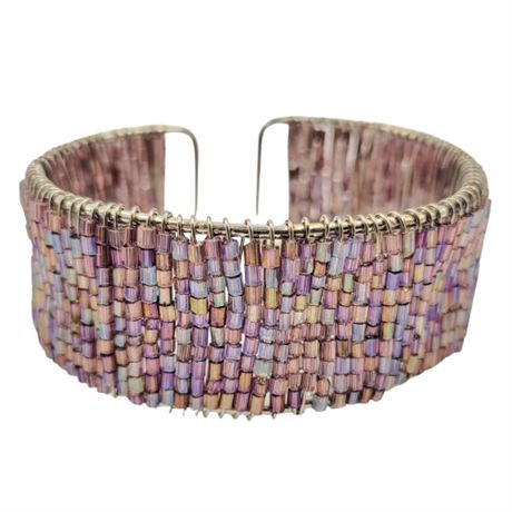 Silver Tone Purple Irridescent Beaded Cuff Bracelet