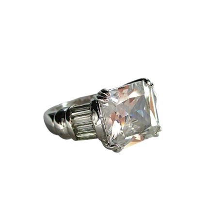 Sterling Silver Ring ~ Large Square Cut CZ with Baguettes on Shoulders Sz 7