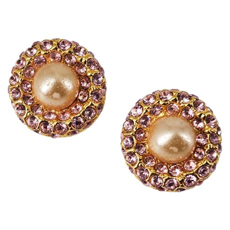 Vintage JOAN RIVERS Pink Rhinestone & Faux Pearl Clip Earrings