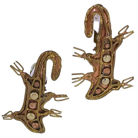 Vintage Figural Lizard Clip-On Earrings – Copper & Brass Tone with Rivet Accents