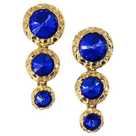 Signed Vintage DAUPLAISE Gold Tone Blue Rhinestone Dangle Earrings