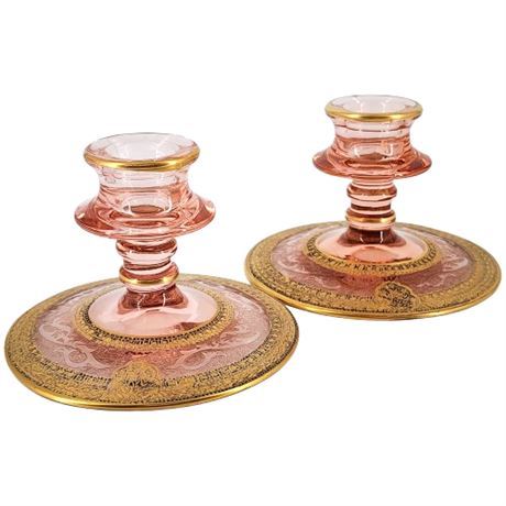 Duncan Miller Lotus "Gothic Plantagonet" Pink Glass Candlesticks