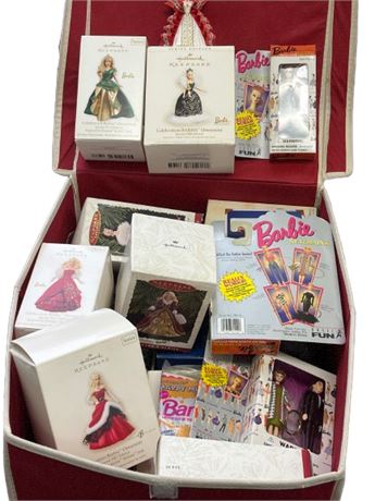 Box of vintage collectible, Barbie ornaments, and small figures lot