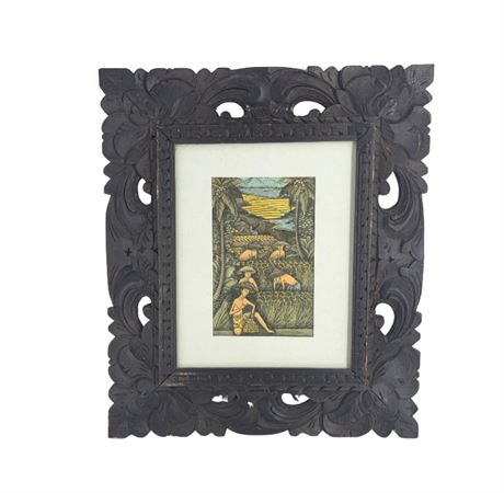 Antique Japanese Wood Block Print in Carved Wood Frame