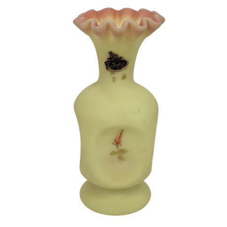 Vintage Hand-Painted Rose Fenton Burmese Satin Glass Ruffled Vase