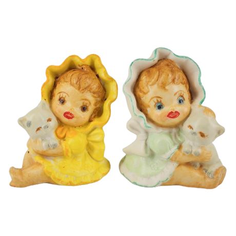 Vintage Baby Girls w/ Kittens Hand Painted Porcelain Figurines