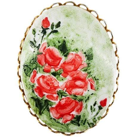 Vintage Hand Painted Red Roses Porcelain Brooch