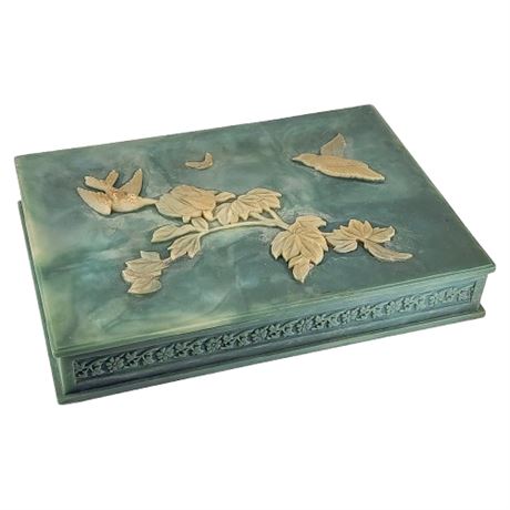Vintage Genuine Incolay Stone Large Floral/Birds Jewelry Box