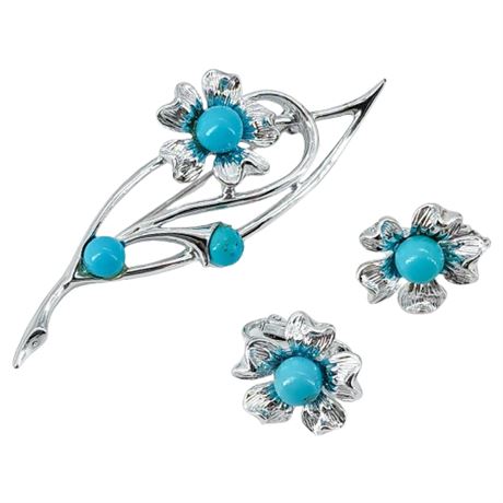 Vtg 1967 SARAH COVENTRY "Blue Note" Flower Brooch & Earrings Set