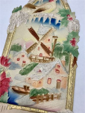 Antique German Embossed Pulp Paper Glitter Bird Snow Scene Card Holder