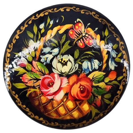 Vintage Hand Painted Russian Lacquer Colorful Floral Brooch