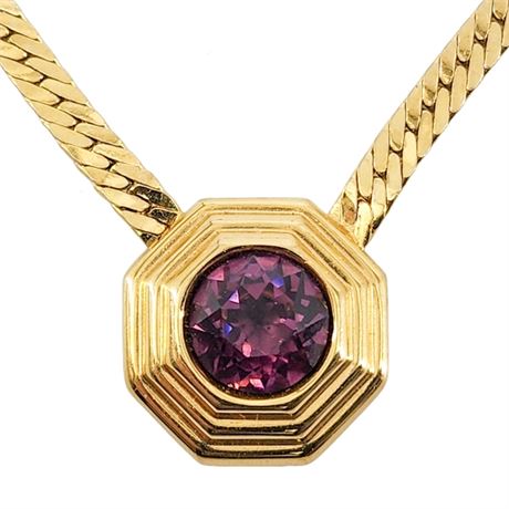 Signed Vintage CHRISTIAN DIOR Gold Tone Faux Amethyst Necklace