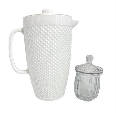 Plastic White Pitcher & Crystal Jam Jar with Lid
