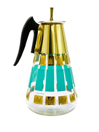 MCM Turquoise & Gold Fred Press Glass Carafe with Lid