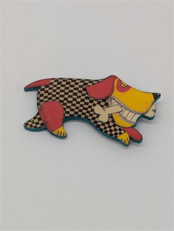 Unique Handmade Large Art Dog Pin Colorful Black White Checker Fanciful