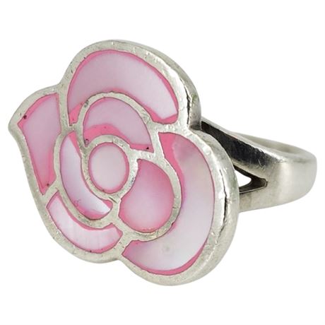Sterling Silver Pink Mother of Pearl Inlay Flower Ring, Sz 6