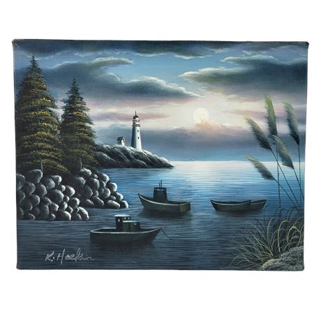 K Haskin, Seascape Lighthouse Oil Painting on Canvas
