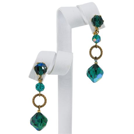Vintage Faceted Aurora Borealis Crystal Drop Clip Earrings