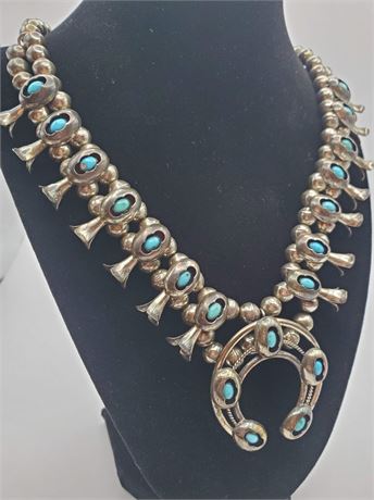Sterling Navajo Leon F Kirlie Squash Blossom Sleeping Beauty Turquoise Necklace